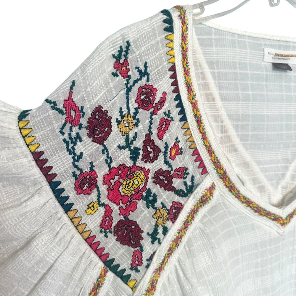 Pilcro Blouse Tawny Embroidered Floral Flutter Sleeve White L Boho Anthropologie - Picture 9 of 12